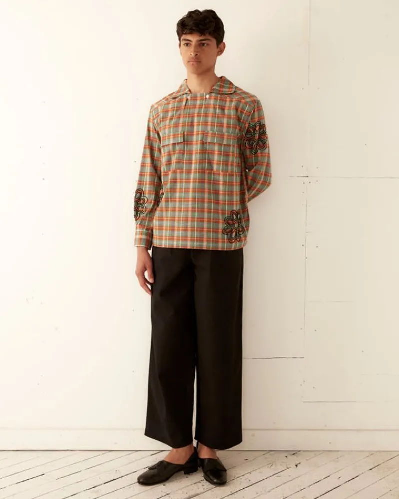 Shirts<BODE Beaded Floral Madras Long Sleeve Shirt - Blue Multi