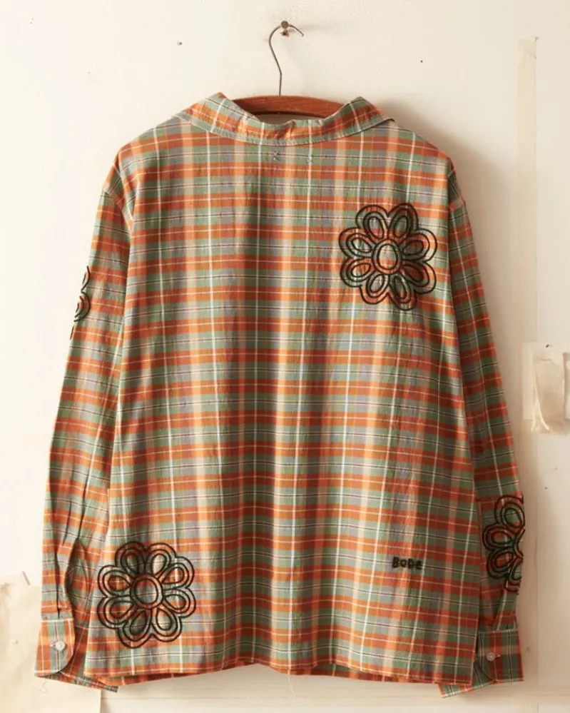 Shirts<BODE Beaded Floral Madras Long Sleeve Shirt - Blue Multi