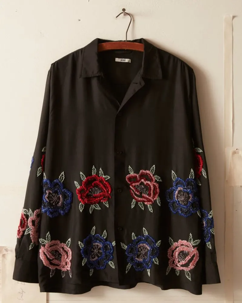 Shirts<BODE Beaded Poppy Long Sleeve Shirt Black