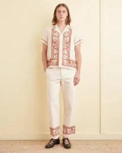 Shirts<BODE Cross-Stitched Rose Garland Short Sleeve Shirt Cream