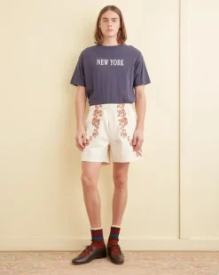 Shorts<BODE Cross-Stitched Rose Garland Shorts Cream
