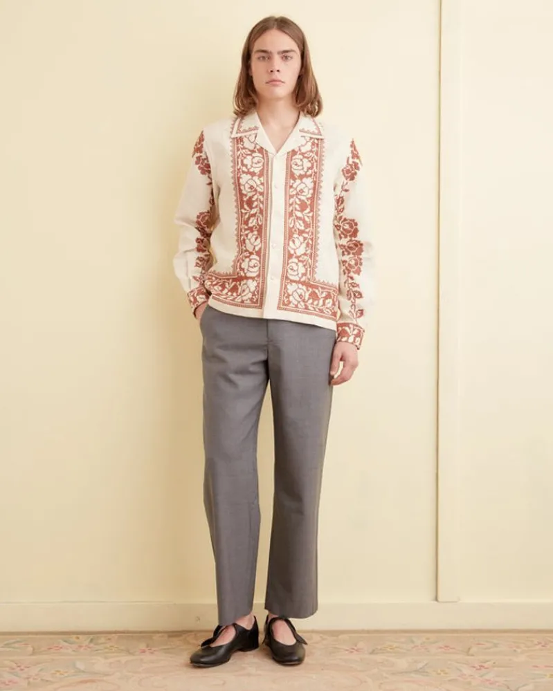 Shirts<BODE Cross-Stitched Rose Garland Long Sleeve Shirt Cream