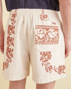 Shorts<BODE Cross-Stitched Rose Garland Shorts Cream