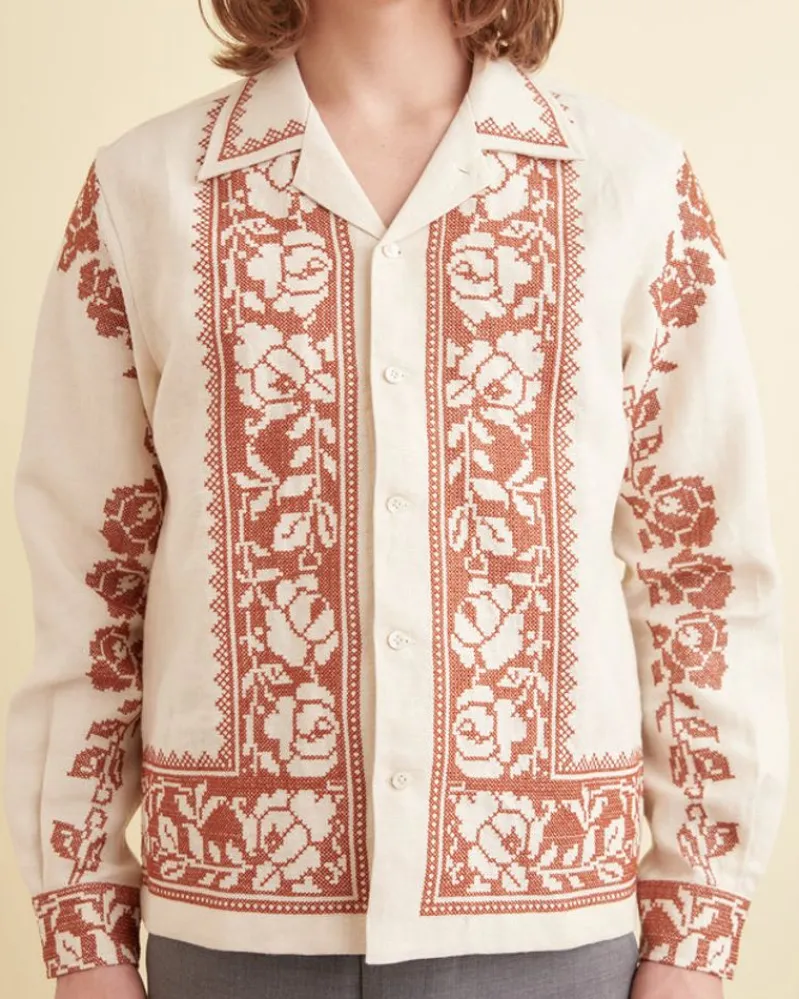 Shirts<BODE Cross-Stitched Rose Garland Long Sleeve Shirt Cream