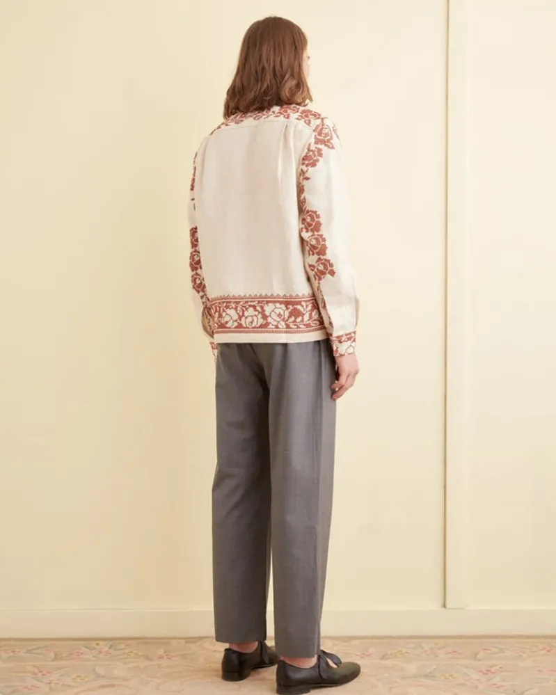 Shirts<BODE Cross-Stitched Rose Garland Long Sleeve Shirt Cream