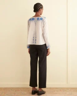 Tops<BODE Embroidered Cornflower Top Blue/Cream