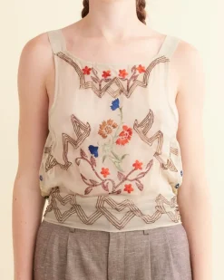 Tops<BODE Embroidered Flower Study Top Cream Multi