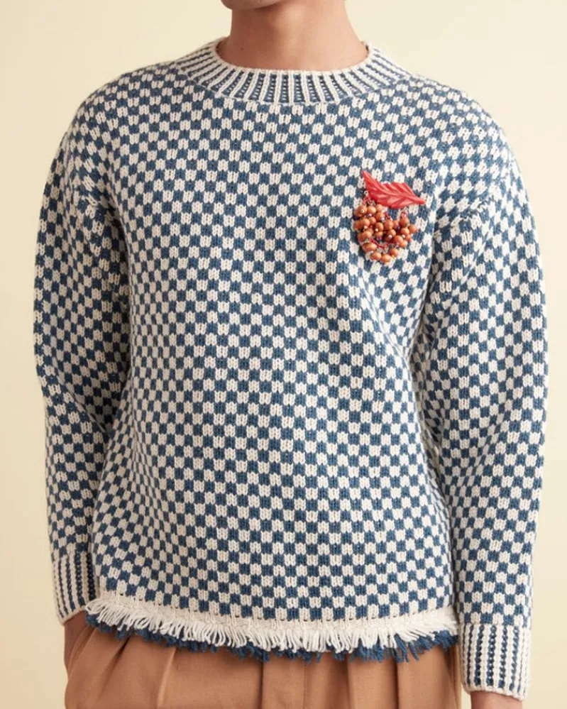 Knitwear<BODE Fringe Check Pullover - Blue