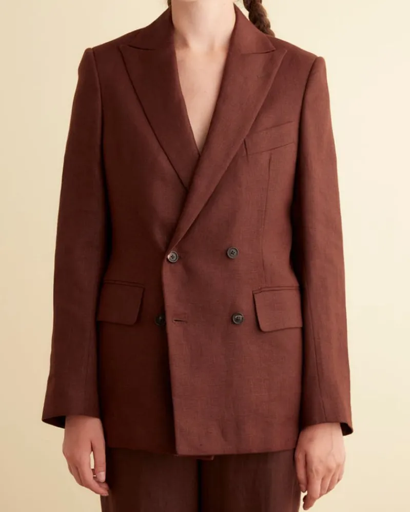 Outerwear<BODE Linen Double-Breasted Suit Jacket - Chocolate