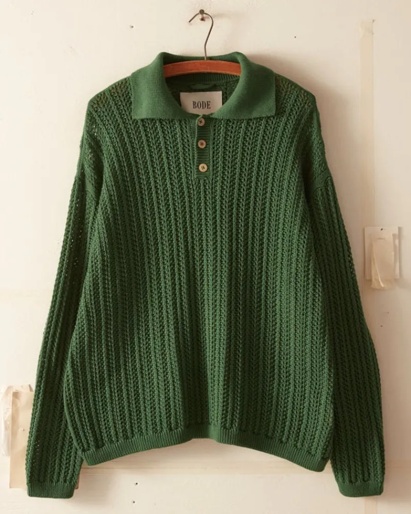 Knitwear<BODE Pointelle Polo Long Sleeve Green
