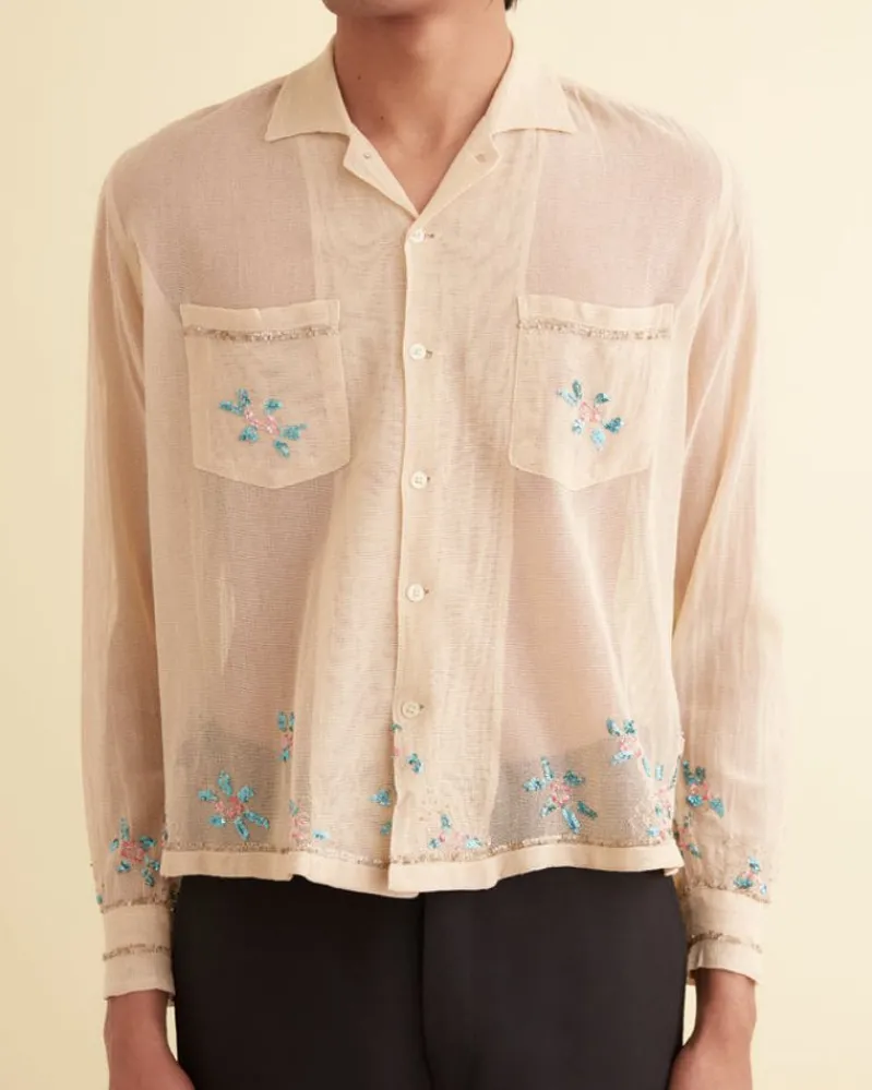 Shirts<BODE Sequined Floral Net Long Sleeve Shirt