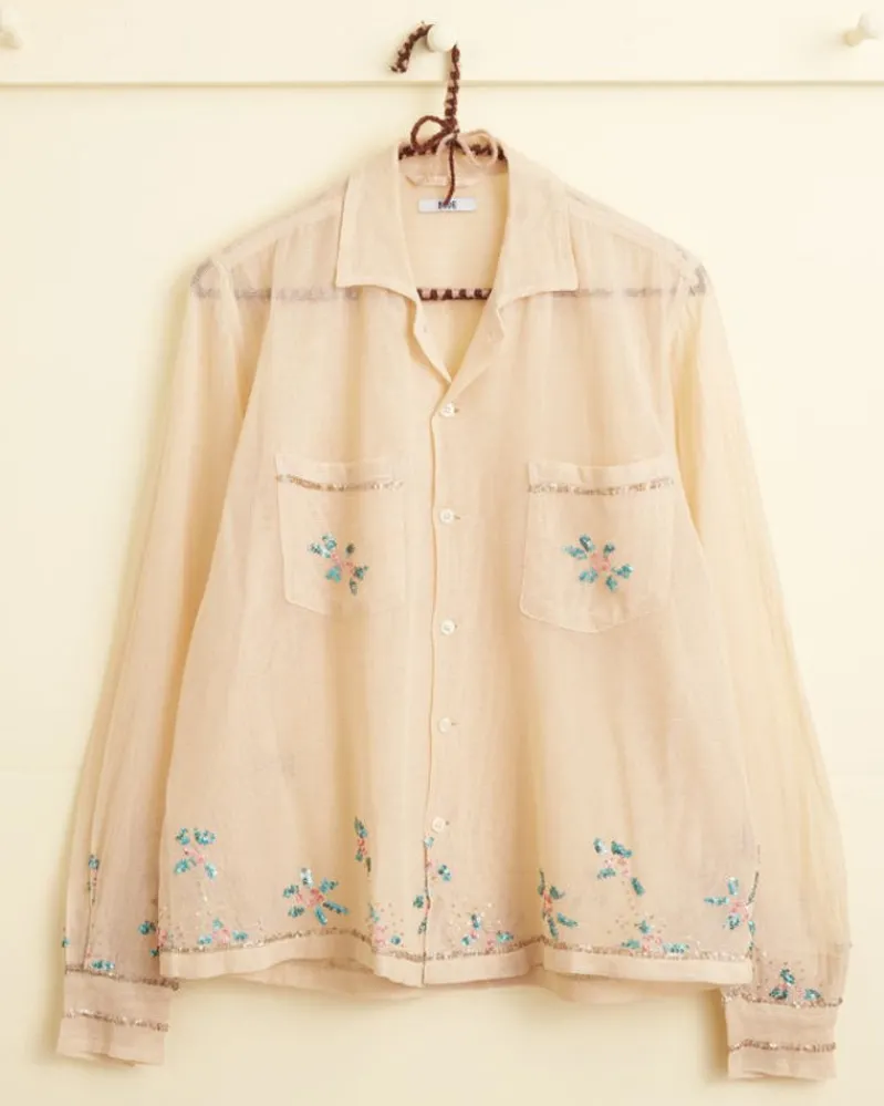Shirts<BODE Sequined Floral Net Long Sleeve Shirt