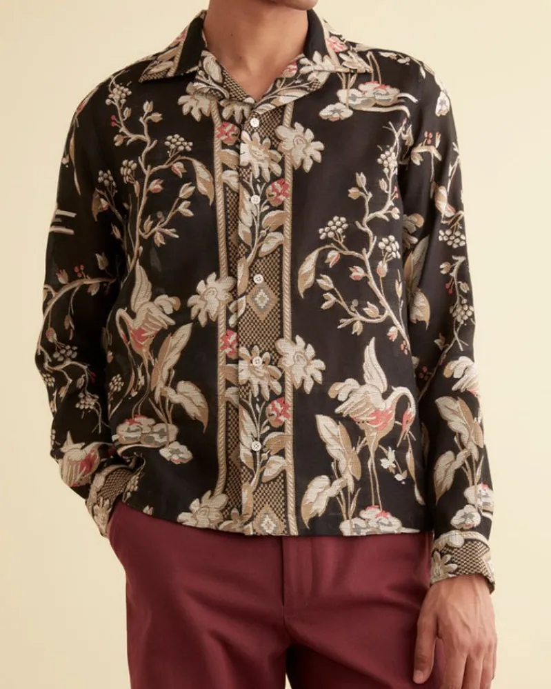 Shirts<BODE Sheer Cranes Long Sleeve Shirt Black